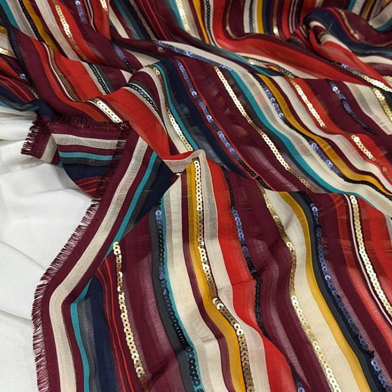 Ethnic Fashion Design - Colorful Striped Embroidered Sequin Fabric Ethnic