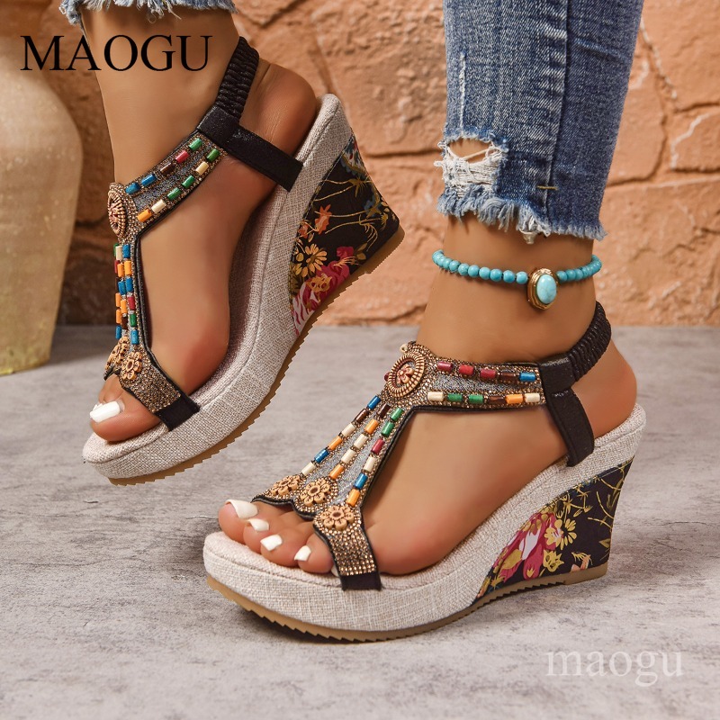 The Ethnic Fashion - Boho Beaded Floral Wedge Sandals for